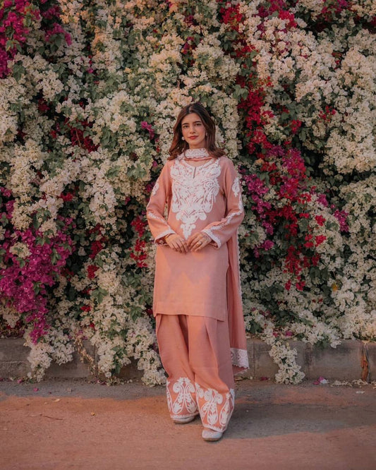 Premium Dull Satin Silk Top‑Plazzo‑Dupatta Set – Embroidery Work with Lace Border