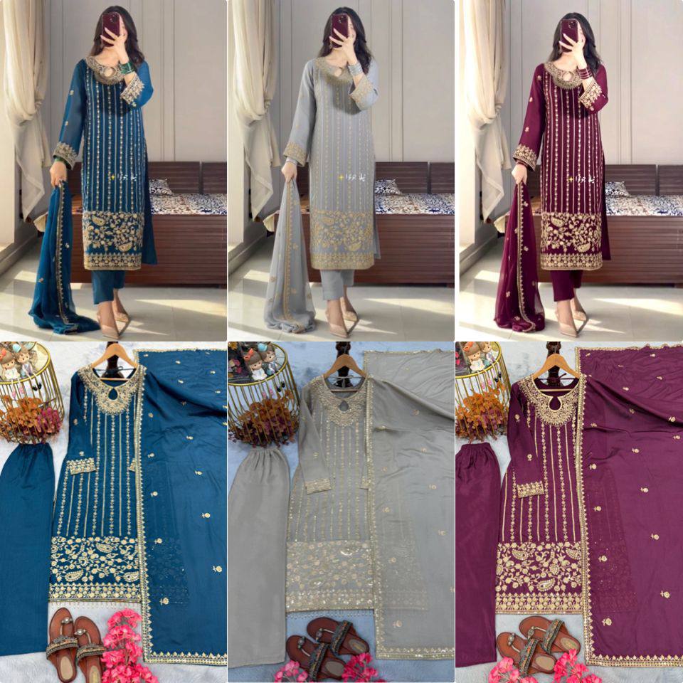 Premium Chinon Silk Top‑Bottom‑Dupatta Set – Sequins Embroidery