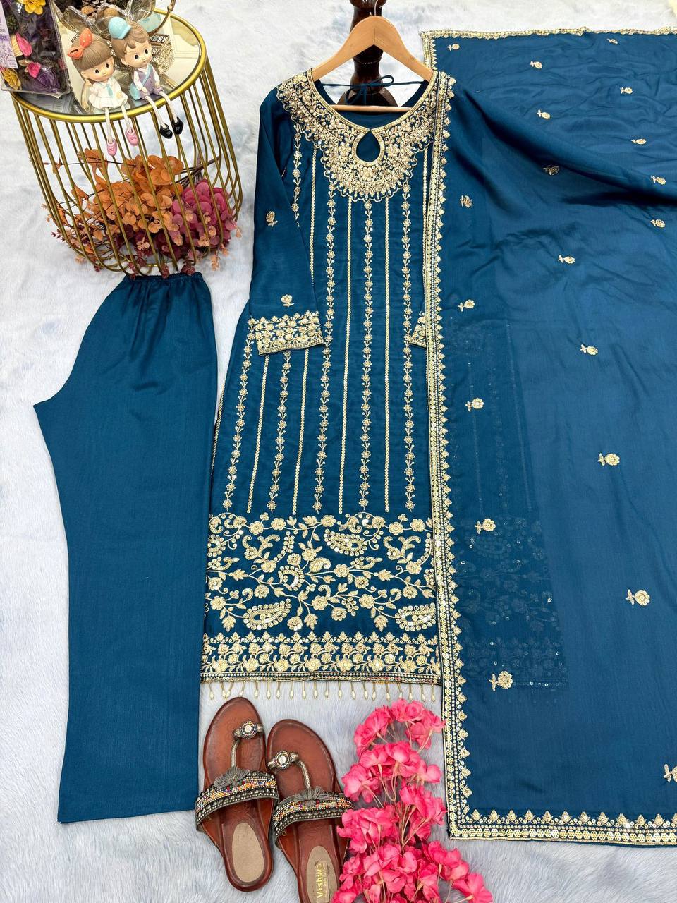 Premium Chinon Silk Top‑Bottom‑Dupatta Set – Sequins Embroidery