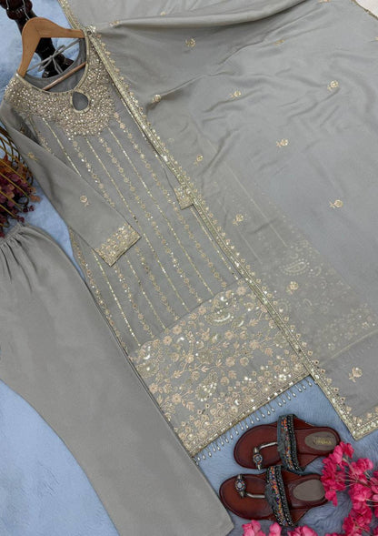 Premium Chinon Silk Top‑Bottom‑Dupatta Set – Sequins Embroidery