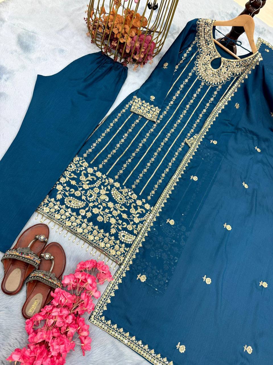 Premium Chinon Silk Top‑Bottom‑Dupatta Set – Sequins Embroidery