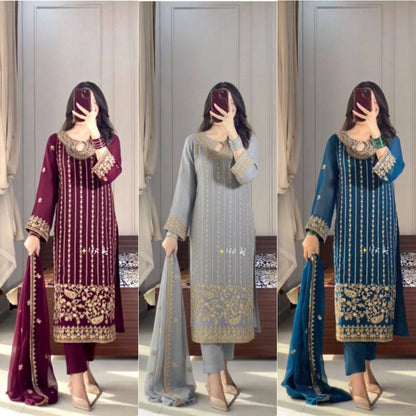 Premium Chinon Silk Top‑Bottom‑Dupatta Set – Sequins Embroidery