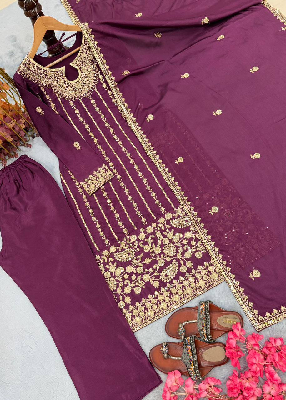 Premium Chinon Silk Top‑Bottom‑Dupatta Set – Sequins Embroidery