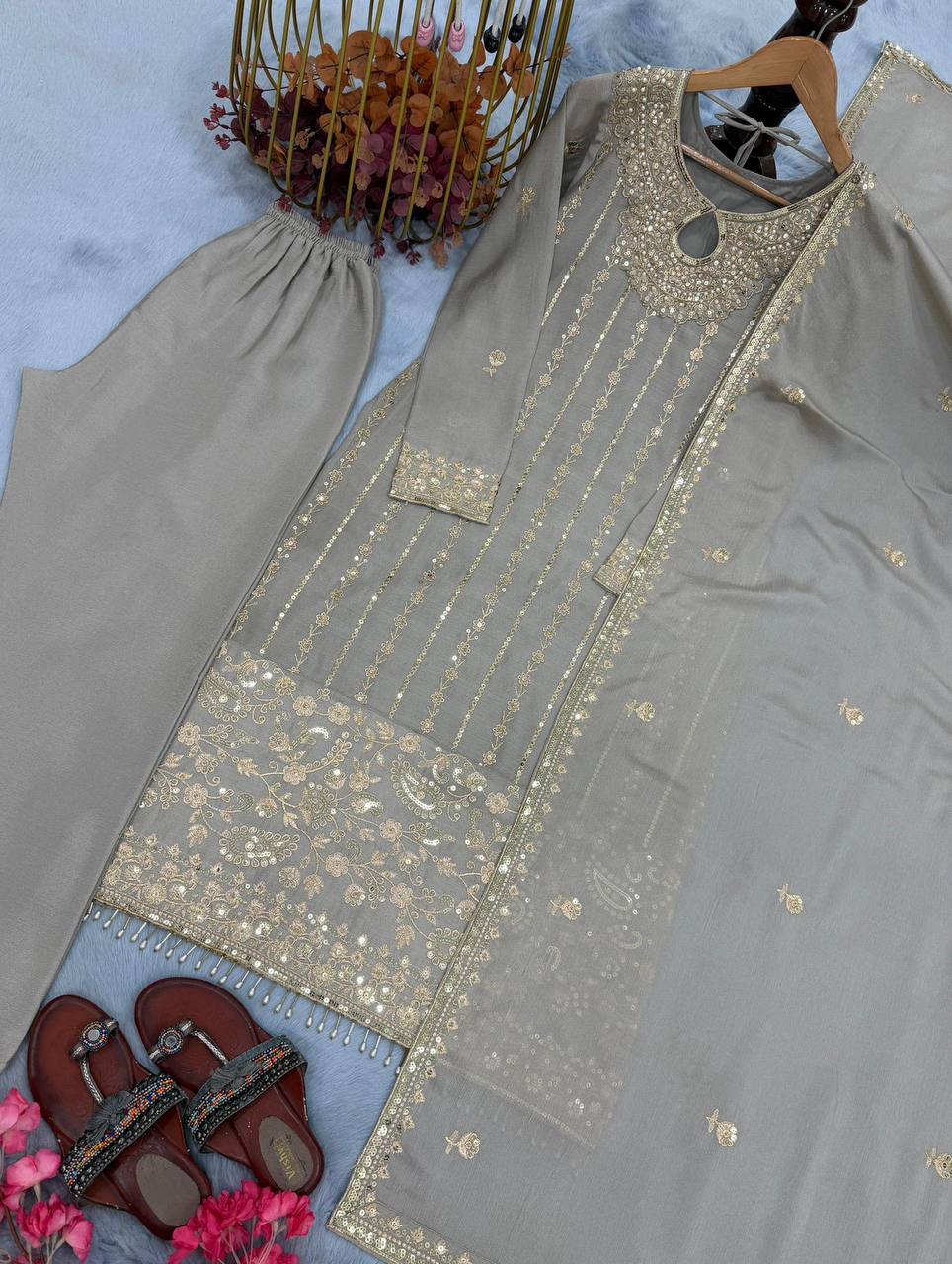 Premium Chinon Silk Top‑Bottom‑Dupatta Set – Sequins Embroidery