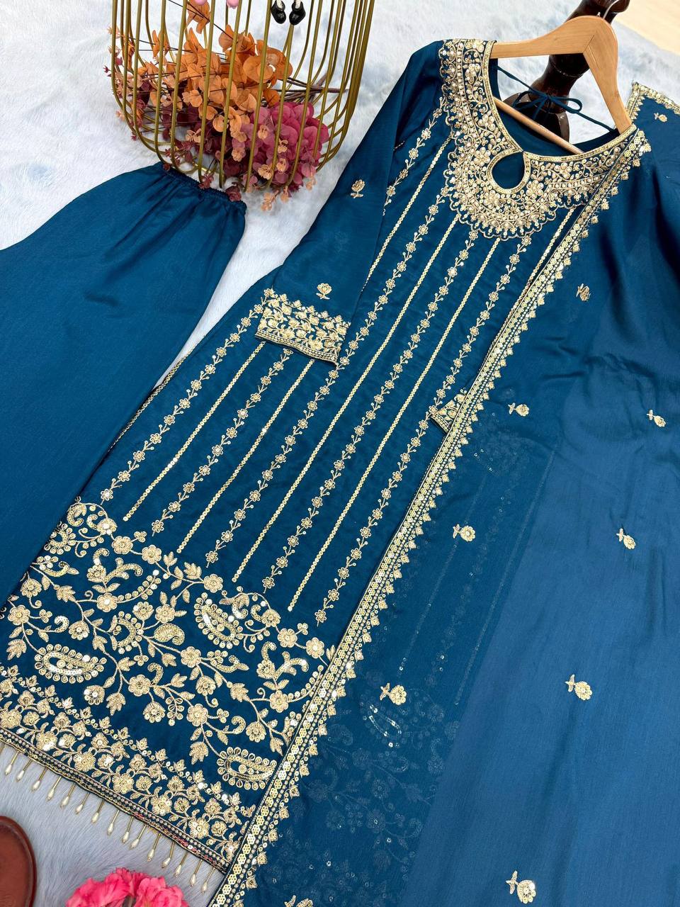 Premium Chinon Silk Top‑Bottom‑Dupatta Set – Sequins Embroidery