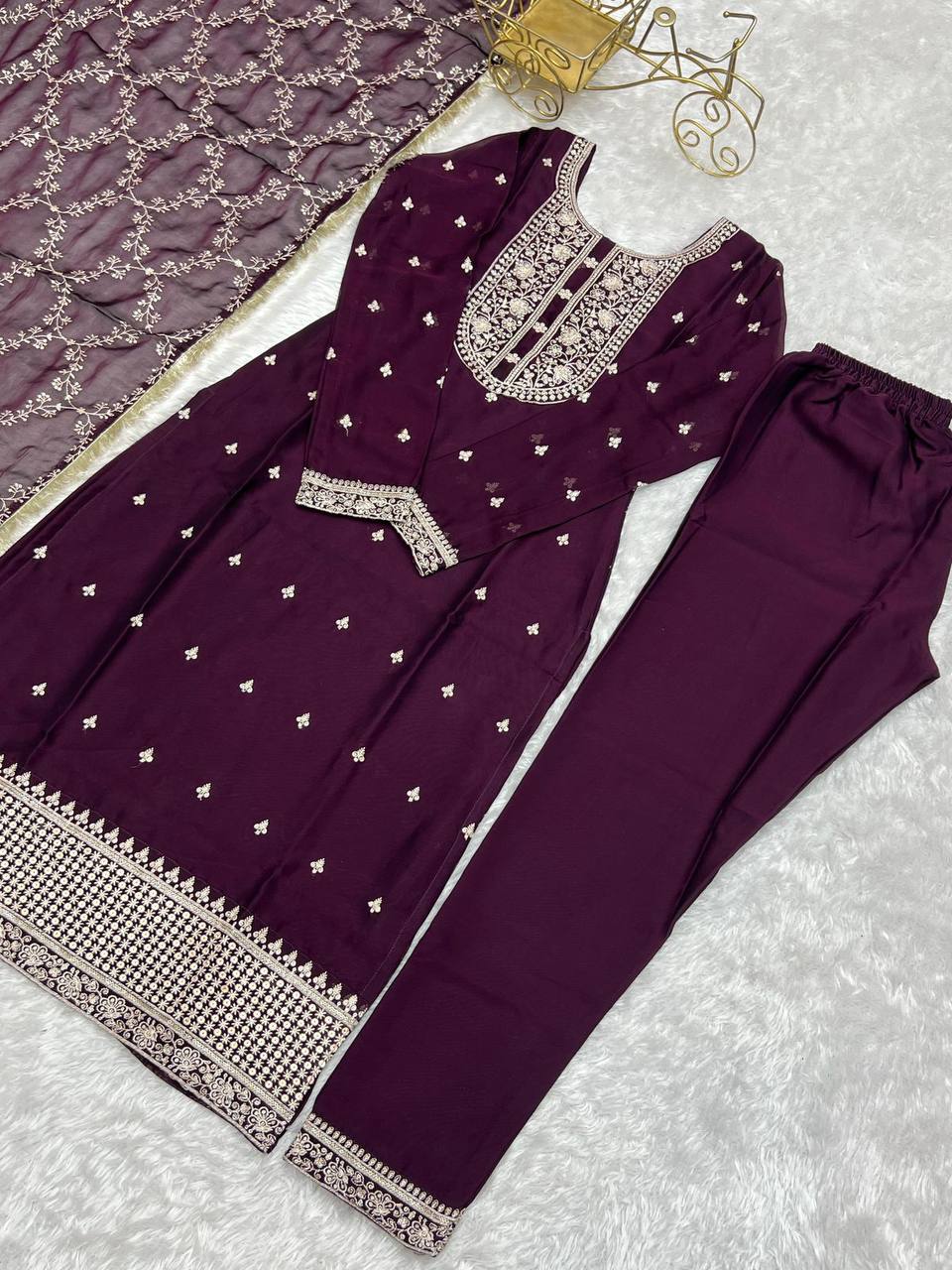 Premium Rangoli Silk Kurta‑Pant‑Dupatta Set – Sequins & Thread Embroidery with Lace Border