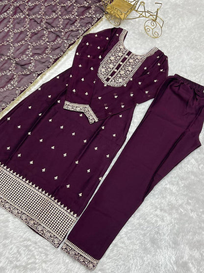 Premium Rangoli Silk Kurta‑Pant‑Dupatta Set – Sequins & Thread Embroidery with Lace Border
