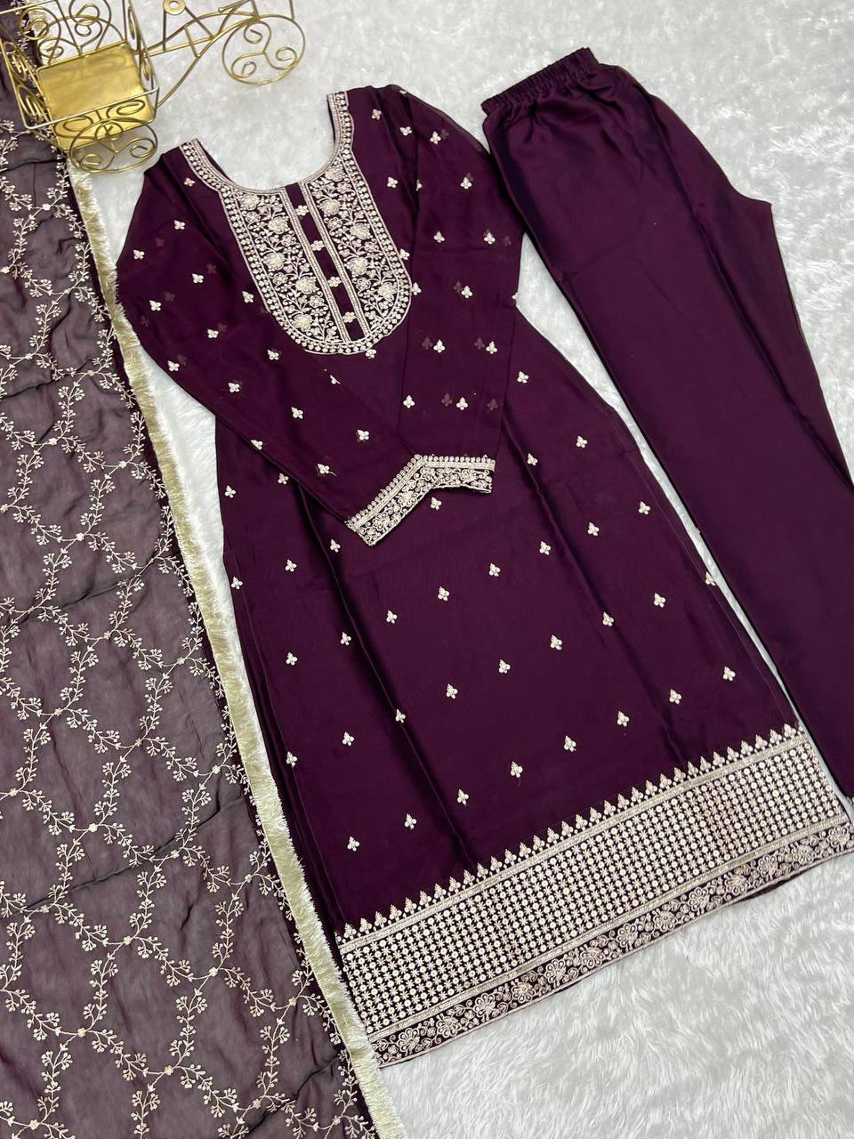 Premium Rangoli Silk Kurta‑Pant‑Dupatta Set – Sequins & Thread Embroidery with Lace Border