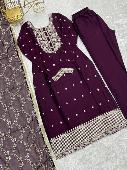 Premium Rangoli Silk Kurta‑Pant‑Dupatta Set – Sequins & Thread Embroidery with Lace Border
