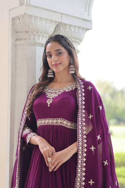 Premium Vichitra Silk Gown‑Dupatta Set – Sequins Embroidery with Designer Lace Border