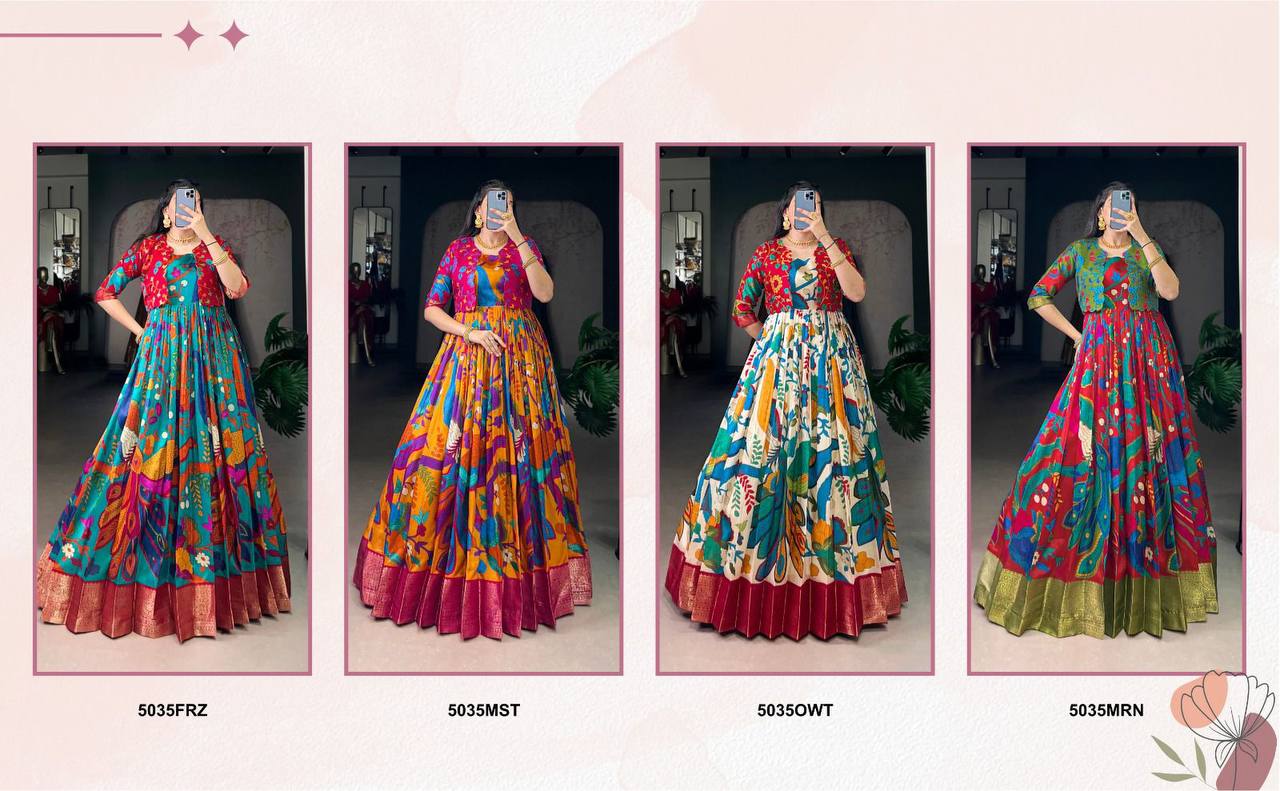 Premium Tasar Silk Gown with Kalamkari Print & Zari Weaving