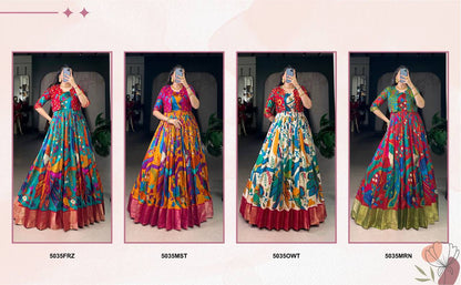Premium Tasar Silk Gown with Kalamkari Print & Zari Weaving