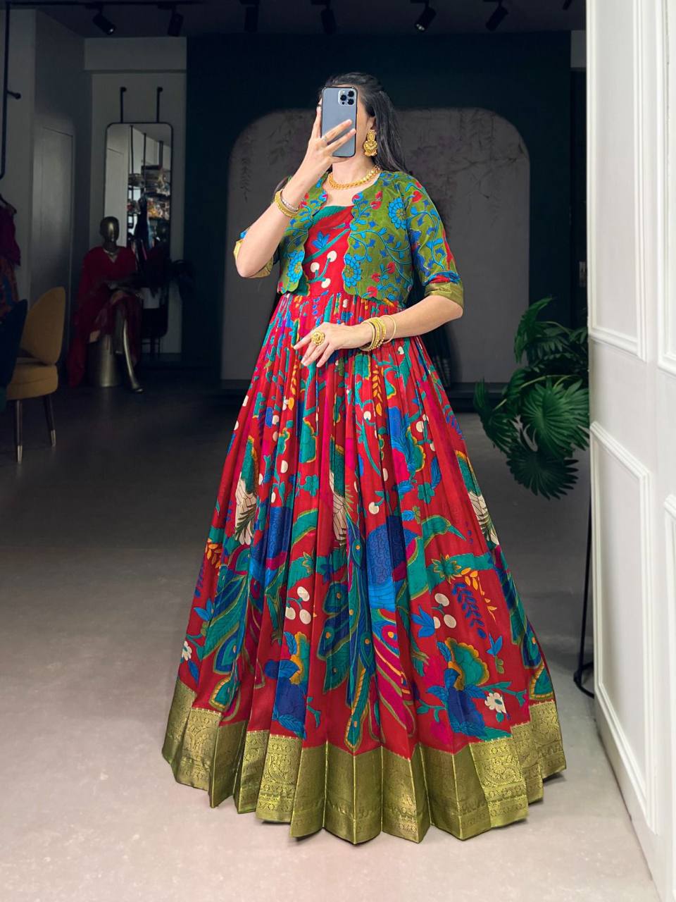 Premium Tasar Silk Gown with Kalamkari Print & Zari Weaving