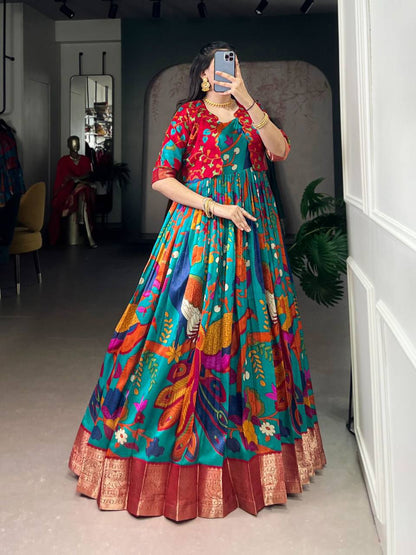 Premium Tasar Silk Gown with Kalamkari Print & Zari Weaving
