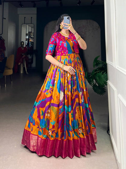 Premium Tasar Silk Gown with Kalamkari Print & Zari Weaving