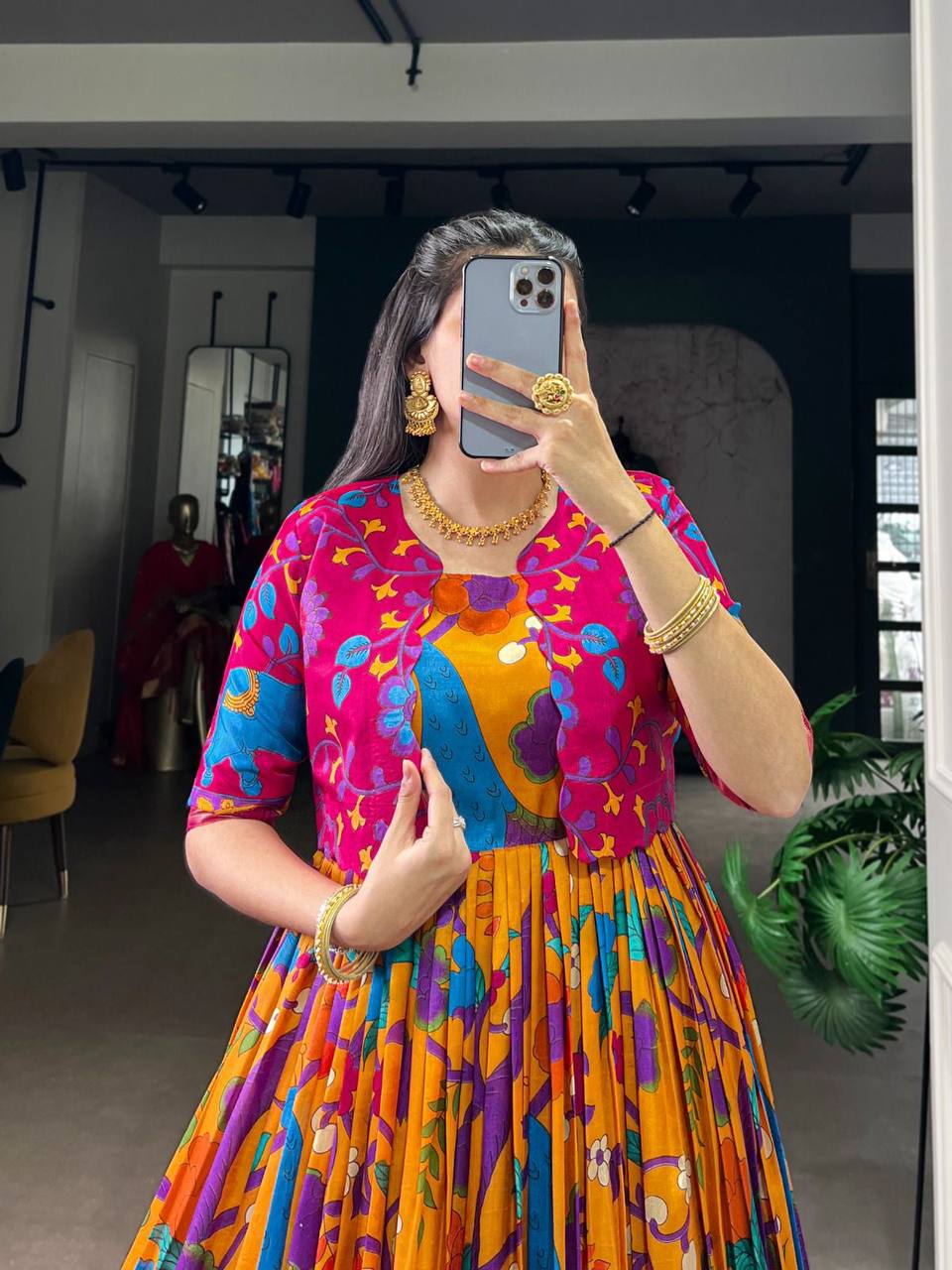 Premium Tasar Silk Gown with Kalamkari Print & Zari Weaving