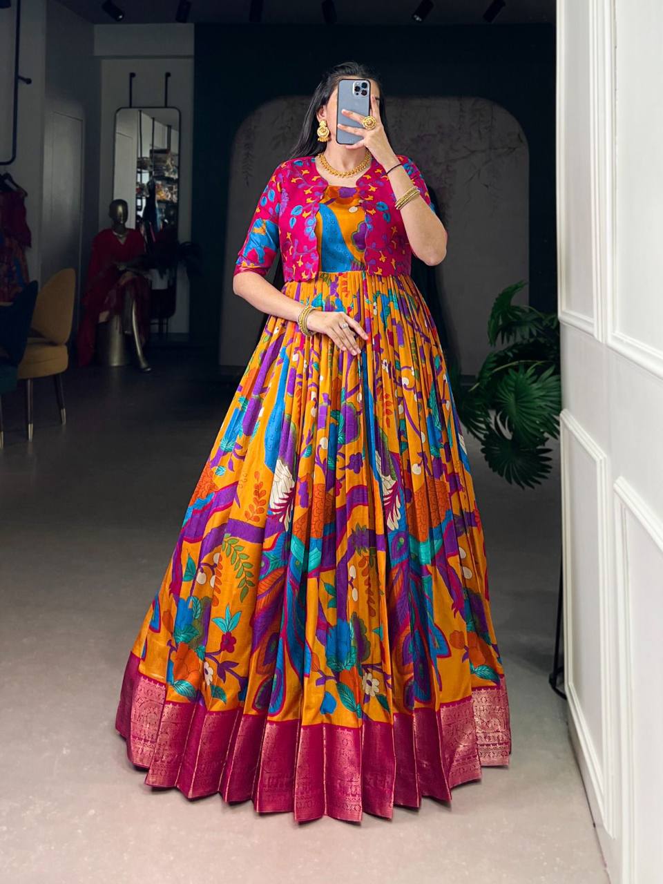Premium Tasar Silk Gown with Kalamkari Print & Zari Weaving
