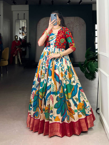 Premium Tasar Silk Gown with Kalamkari Print & Zari Weaving