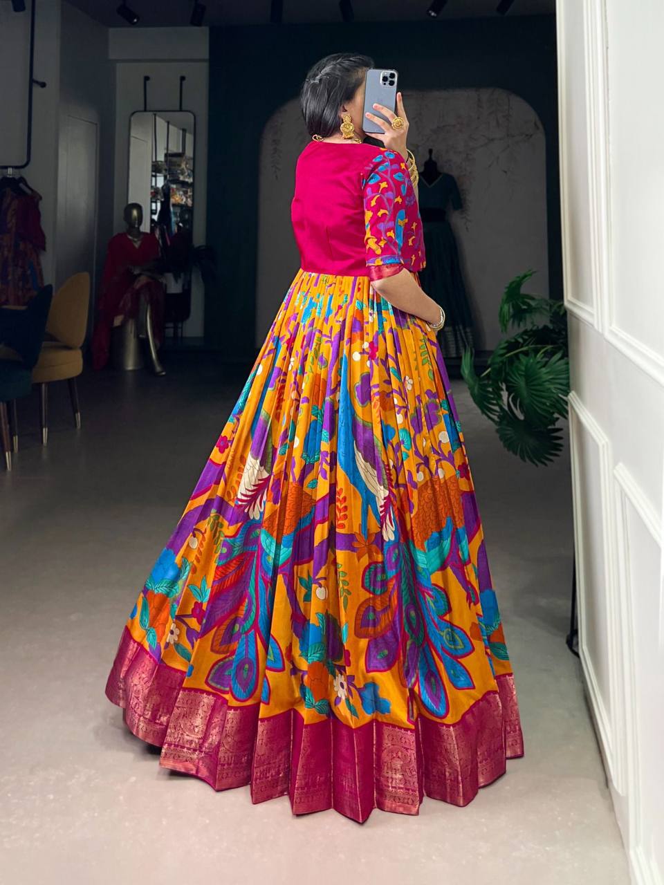 Premium Tasar Silk Gown with Kalamkari Print & Zari Weaving