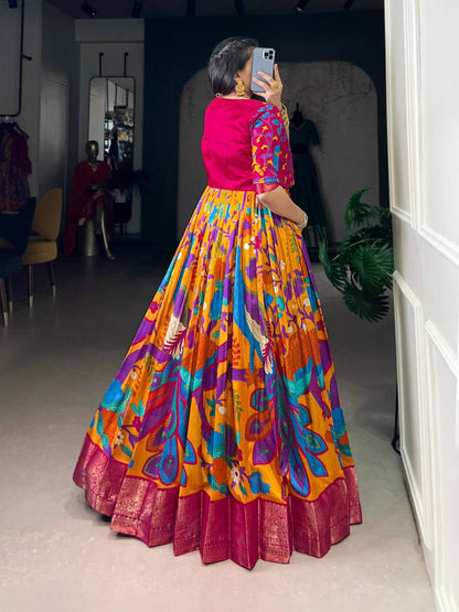 Premium Tasar Silk Gown with Kalamkari Print & Zari Weaving