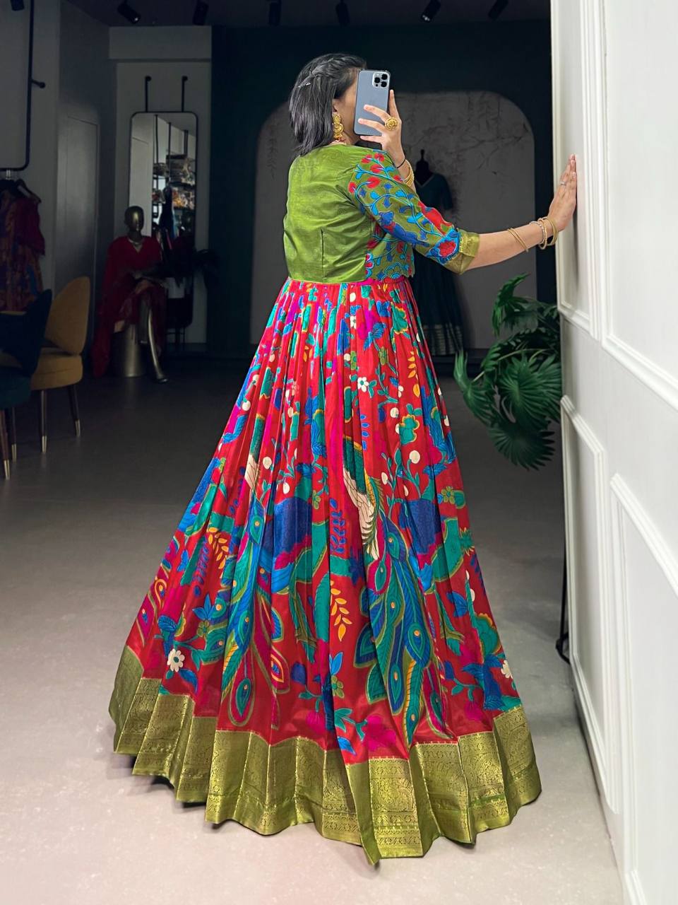 Premium Tasar Silk Gown with Kalamkari Print & Zari Weaving