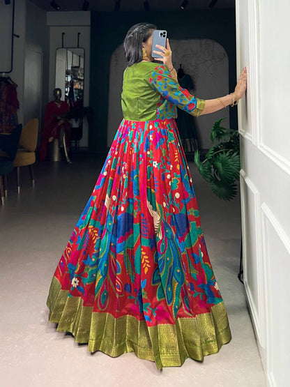 Premium Tasar Silk Gown with Kalamkari Print & Zari Weaving