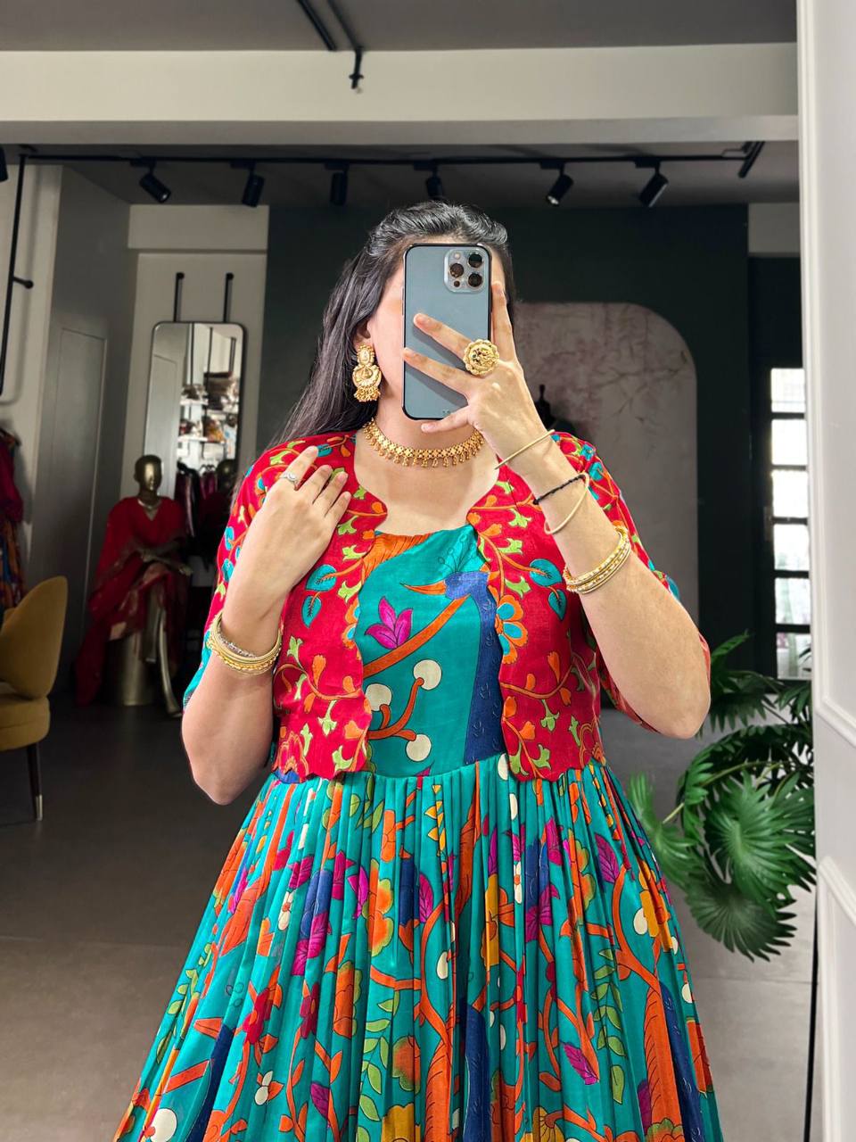 Premium Tasar Silk Gown with Kalamkari Print & Zari Weaving