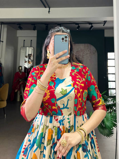 Premium Tasar Silk Gown with Kalamkari Print & Zari Weaving