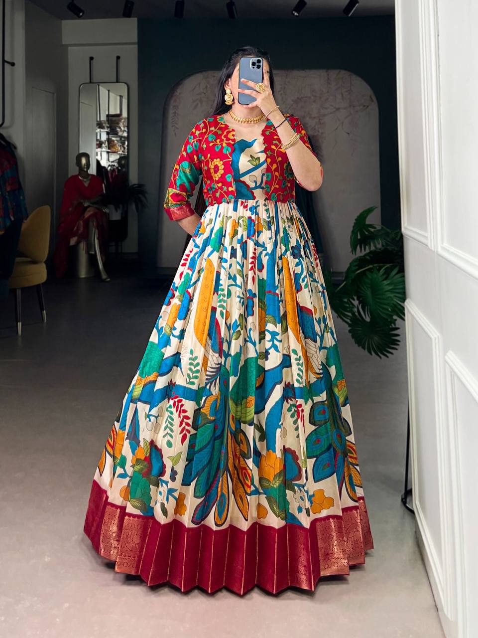 Premium Tasar Silk Gown with Kalamkari Print & Zari Weaving