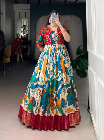Premium Tasar Silk Gown with Kalamkari Print & Zari Weaving