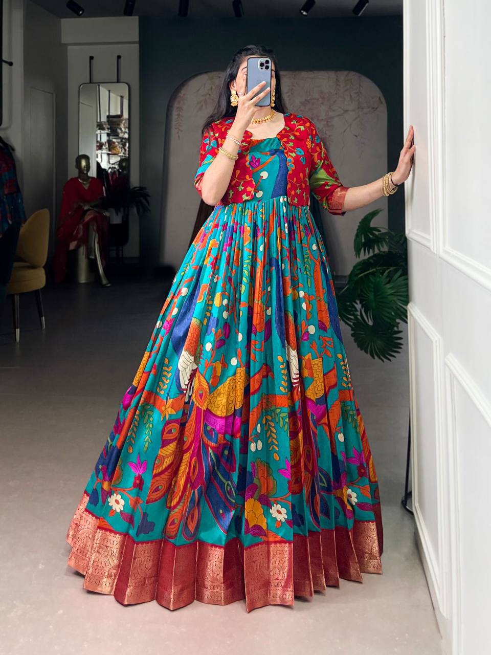Premium Tasar Silk Gown with Kalamkari Print & Zari Weaving