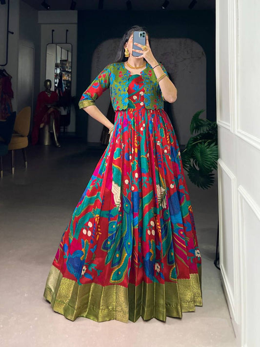 Premium Tasar Silk Gown with Kalamkari Print & Zari Weaving