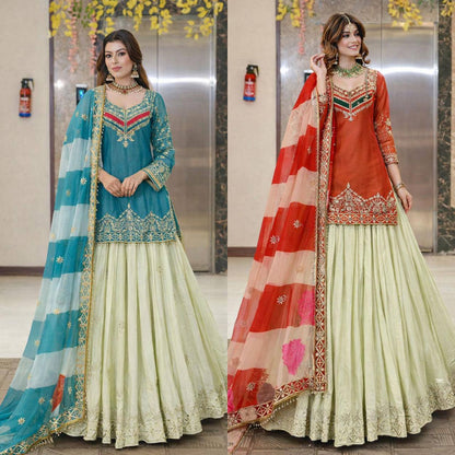 Premium Fandy Silk Top‑Lehenga‑Dupatta Set – Sequins Embroidery