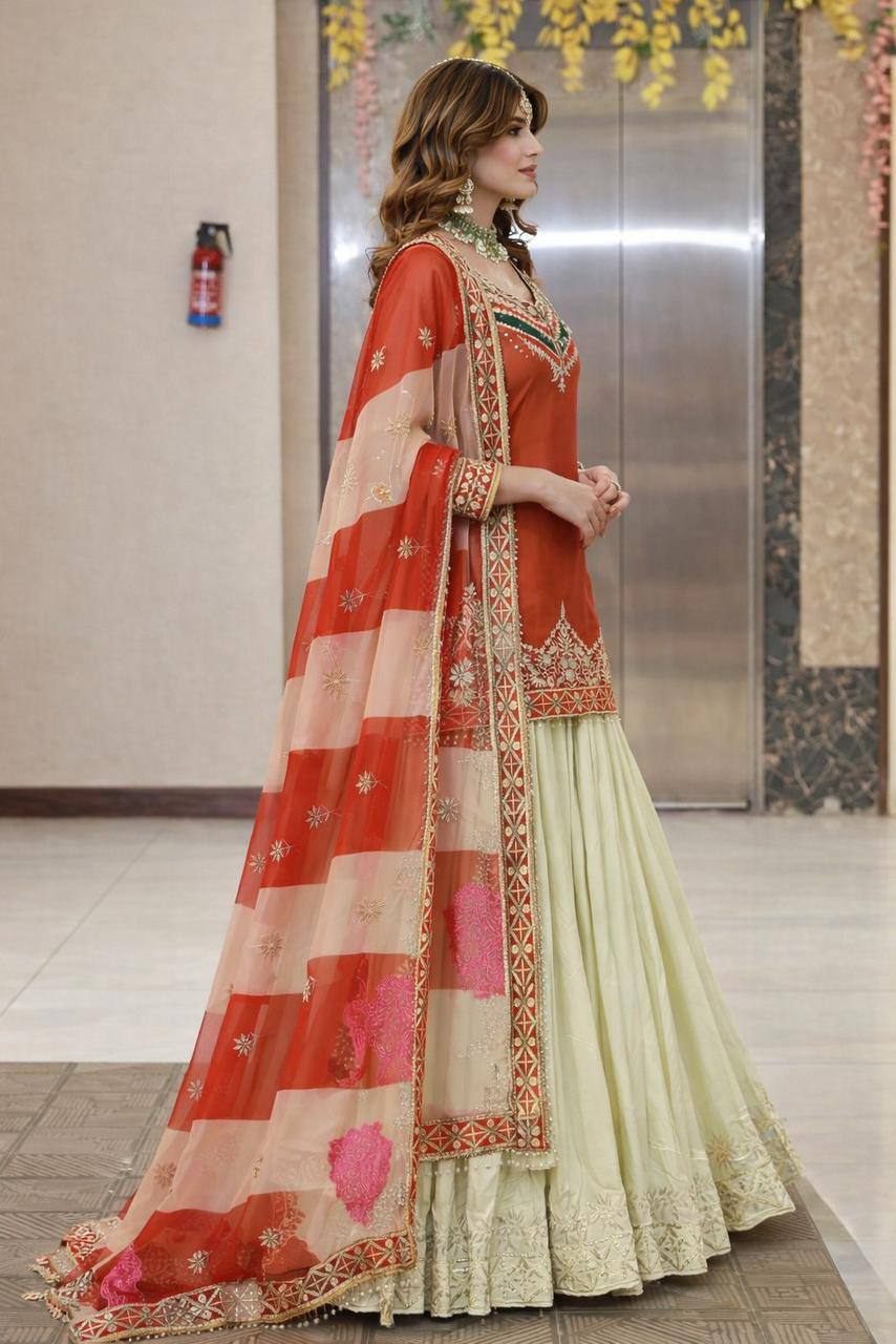 Premium Fandy Silk Top‑Lehenga‑Dupatta Set – Sequins Embroidery