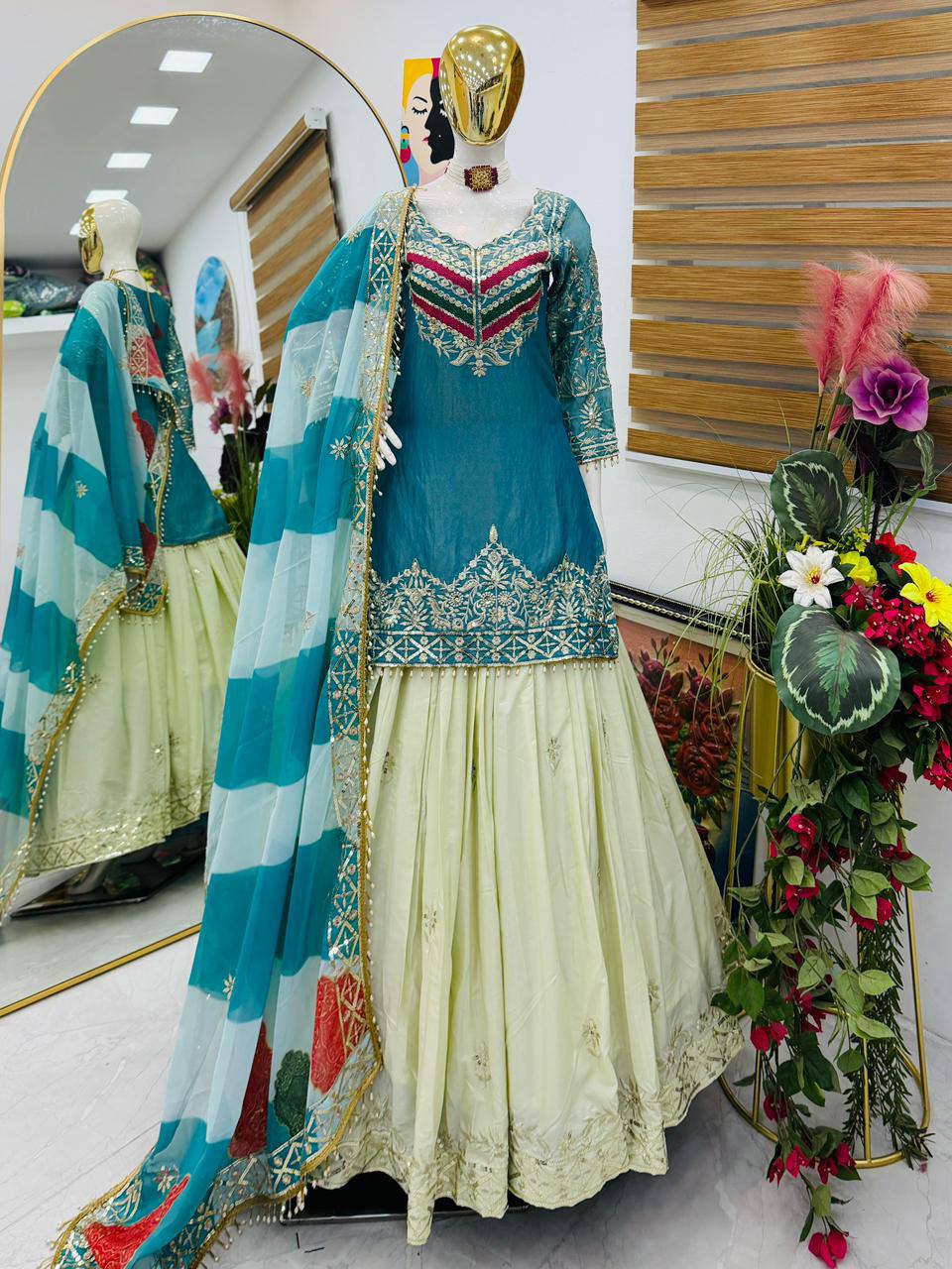 Premium Fandy Silk Top‑Lehenga‑Dupatta Set – Sequins Embroidery