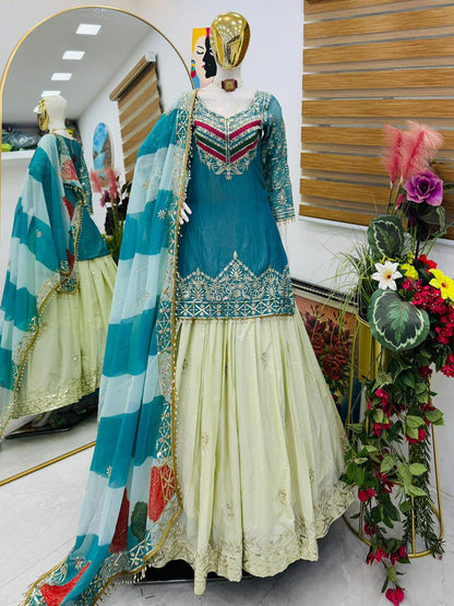 Premium Fandy Silk Top‑Lehenga‑Dupatta Set – Sequins Embroidery