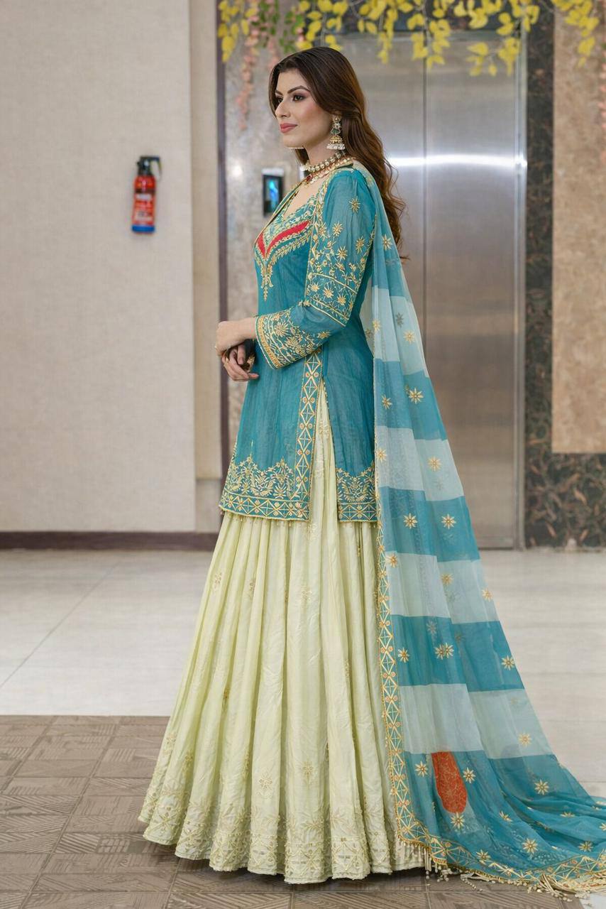 Premium Fandy Silk Top‑Lehenga‑Dupatta Set – Sequins Embroidery
