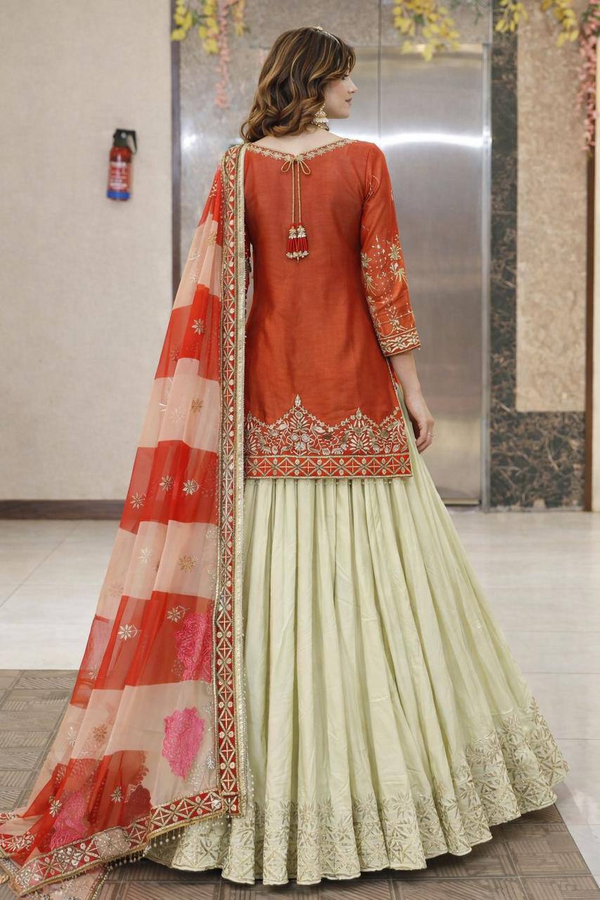 Premium Fandy Silk Top‑Lehenga‑Dupatta Set – Sequins Embroidery