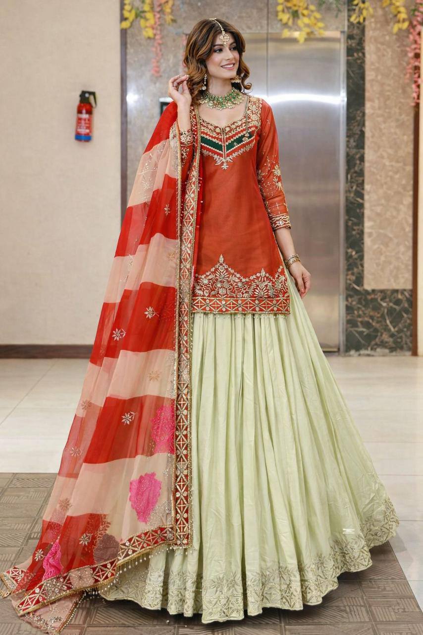 Premium Fandy Silk Top‑Lehenga‑Dupatta Set – Sequins Embroidery