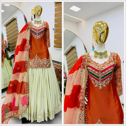 Premium Fandy Silk Top‑Lehenga‑Dupatta Set – Sequins Embroidery