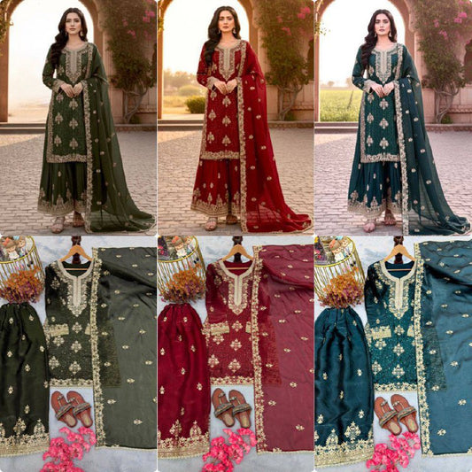 Premium GMY Silk Top‑Plazzo‑Dupatta Set – Heavy Sequins Embroidery