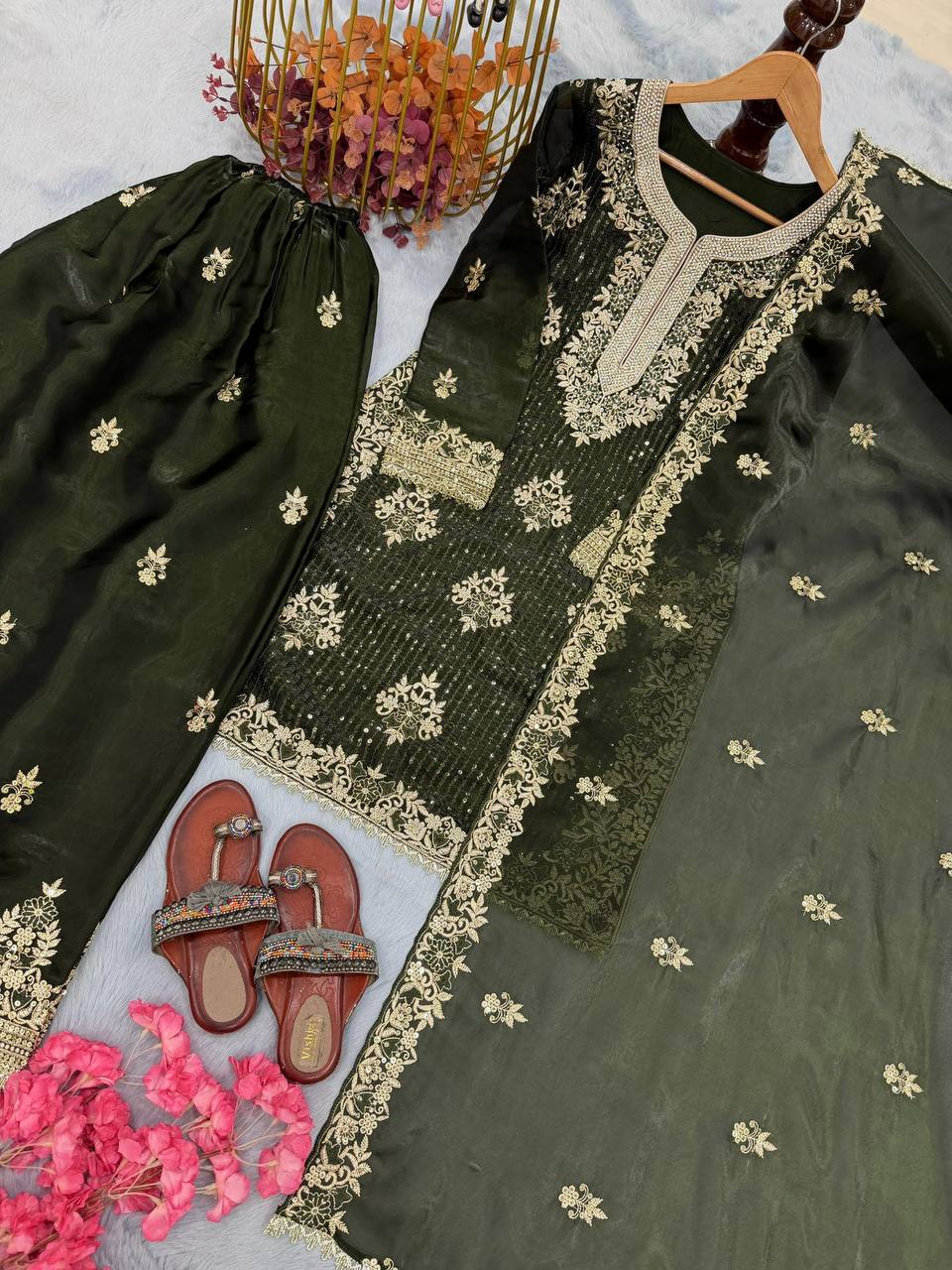 Premium GMY Silk Top‑Plazzo‑Dupatta Set – Heavy Sequins Embroidery