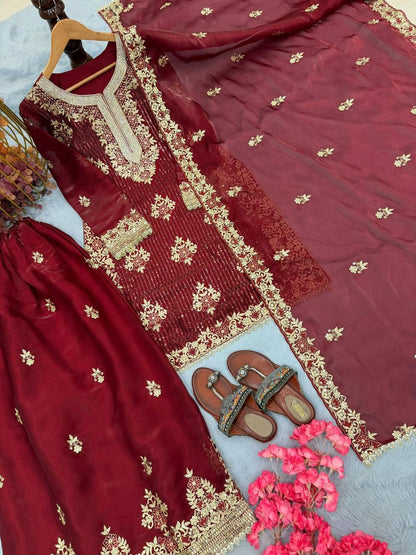 Premium GMY Silk Top‑Plazzo‑Dupatta Set – Heavy Sequins Embroidery