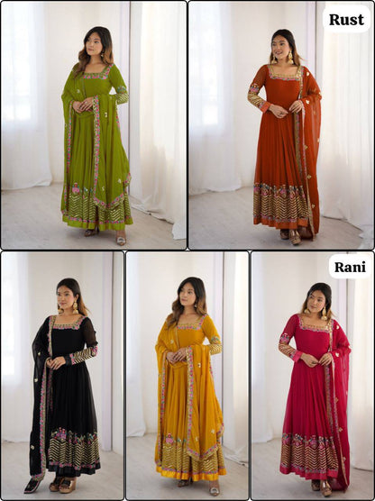 Elegant Embroidered Georgette Anarkali Set – Sequins Work Gown, Bottom & Dupatta