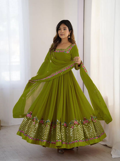 Elegant Embroidered Georgette Anarkali Set – Sequins Work Gown, Bottom & Dupatta