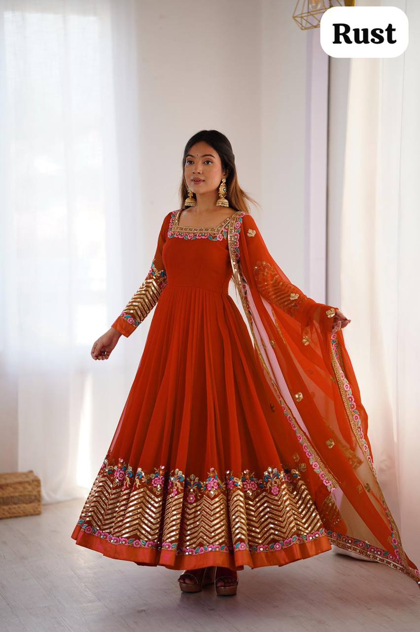 Elegant Embroidered Georgette Anarkali Set – Sequins Work Gown, Bottom & Dupatta
