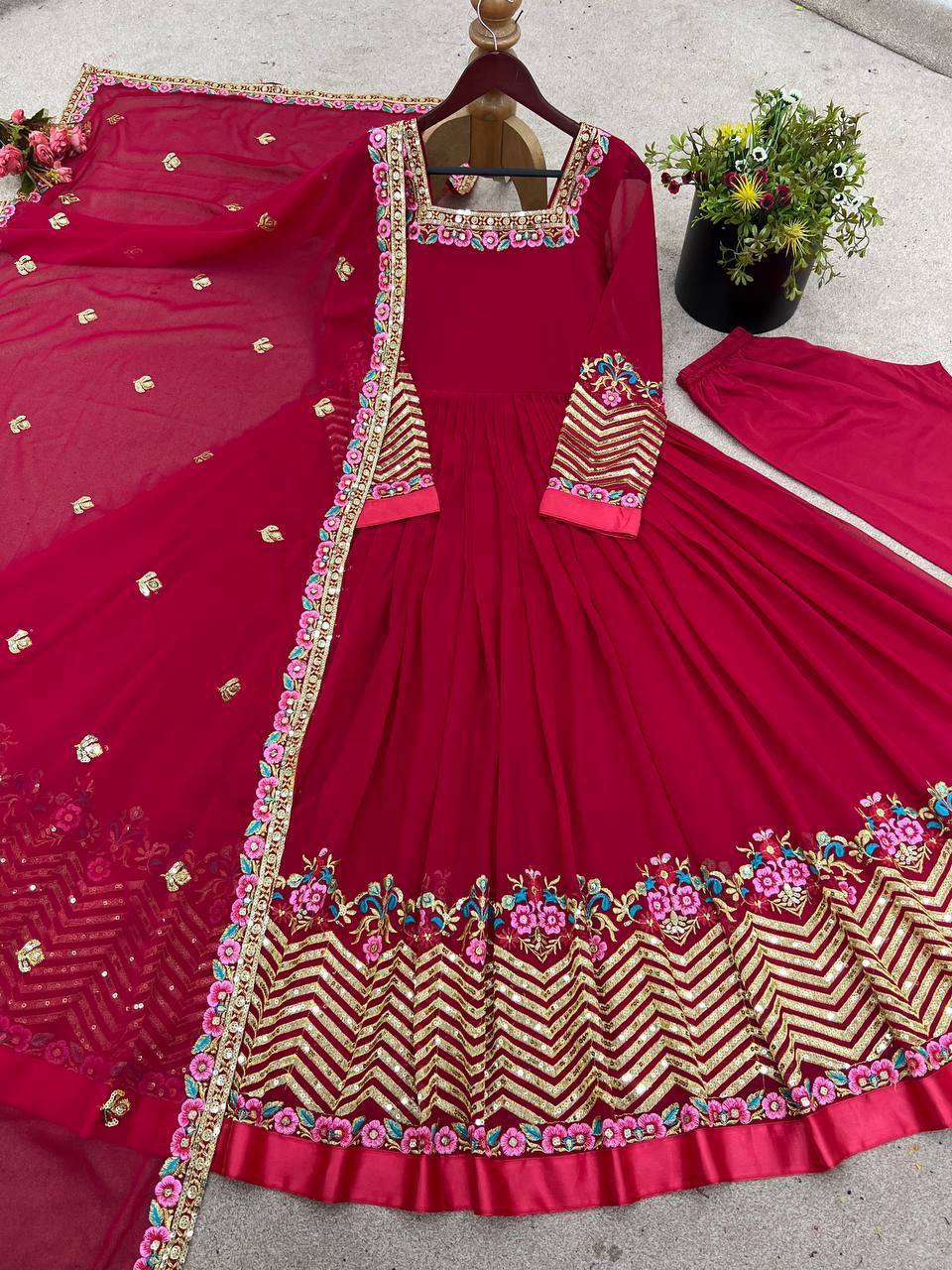 Elegant Embroidered Georgette Anarkali Set – Sequins Work Gown, Bottom & Dupatta