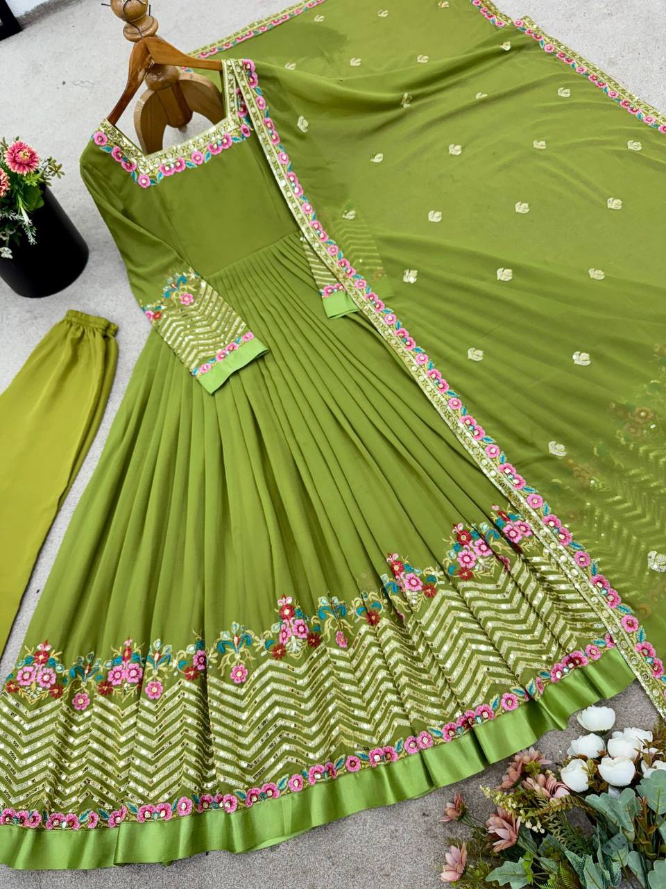 Elegant Embroidered Georgette Anarkali Set – Sequins Work Gown, Bottom & Dupatta