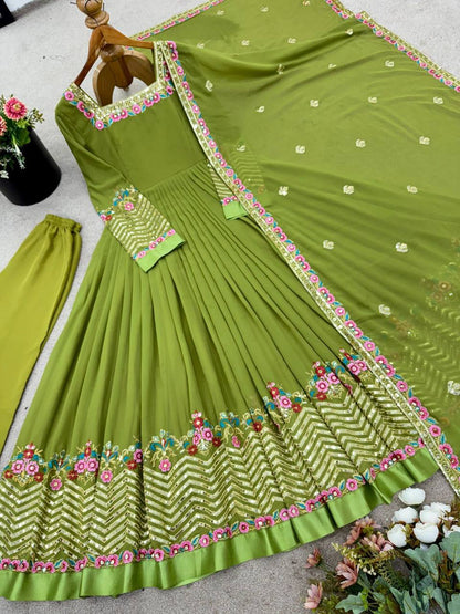 Elegant Embroidered Georgette Anarkali Set – Sequins Work Gown, Bottom & Dupatta