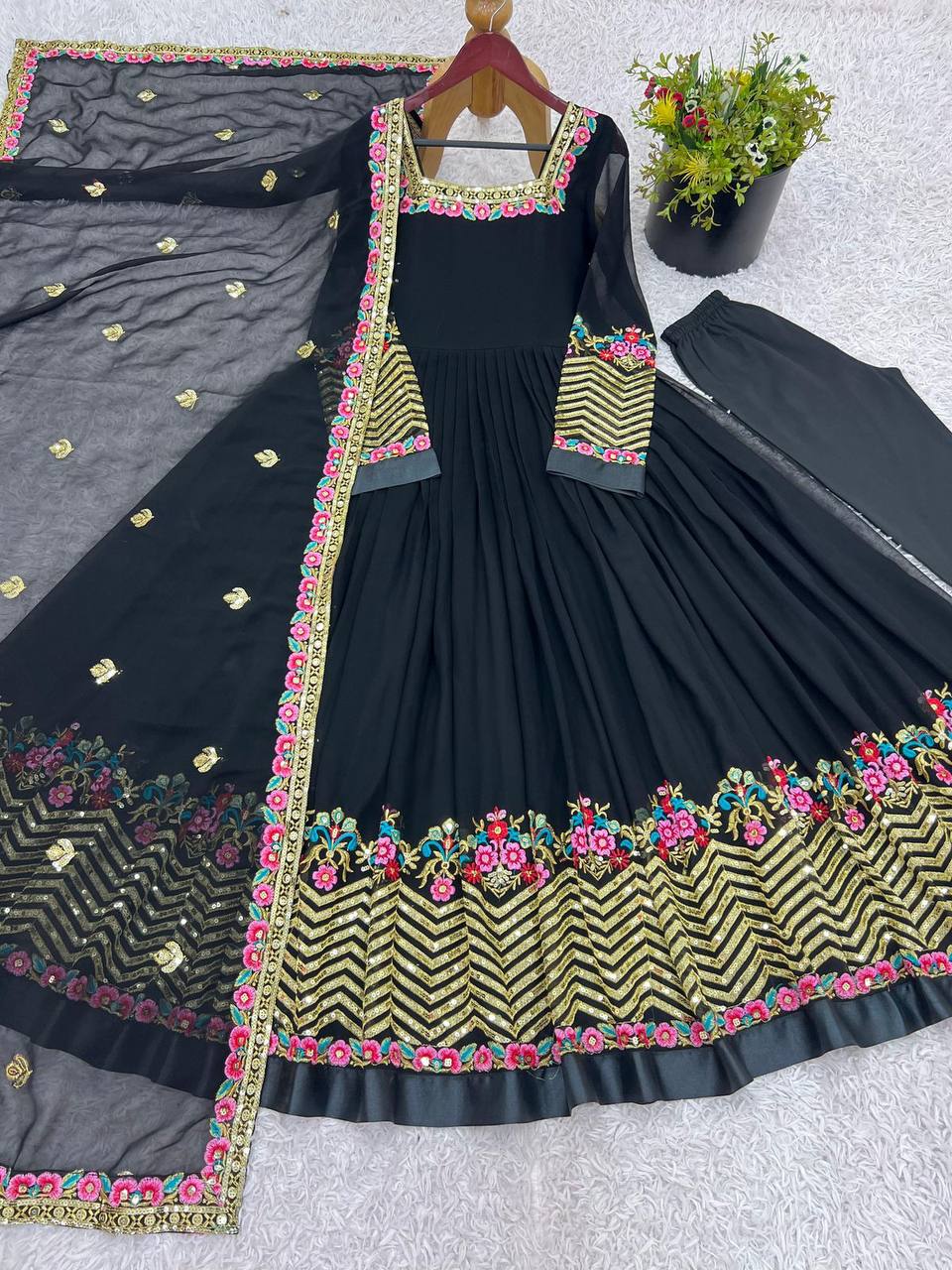 Elegant Embroidered Georgette Anarkali Set – Sequins Work Gown, Bottom & Dupatta